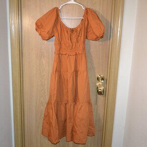 Skies Are Blue 100% Cotton Orange Puff‑Sleeve Tiered Midi Ren Faire Summer Dress